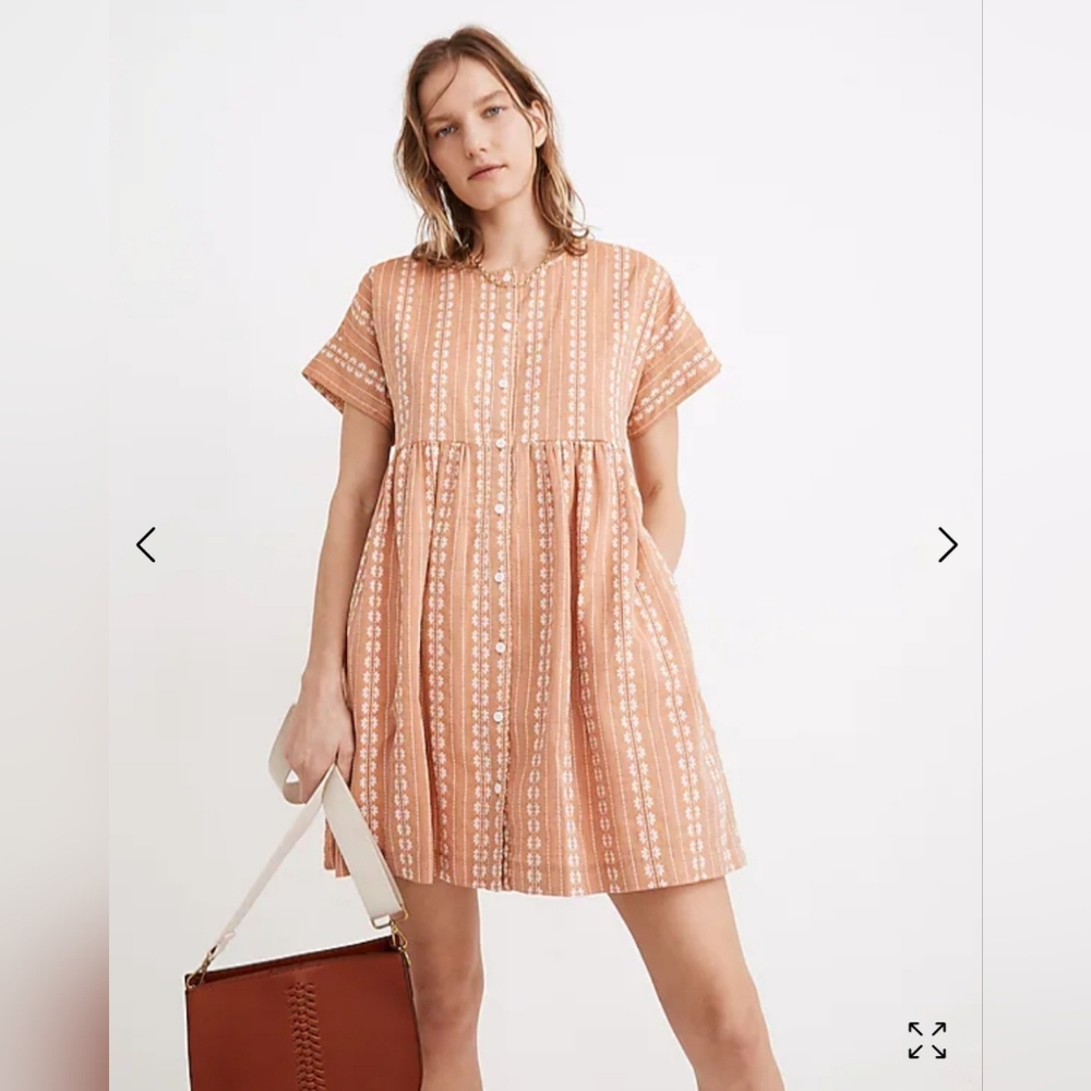 Madewell Embroidered Button Front Mini Dress Peach Orange Floral Size Small